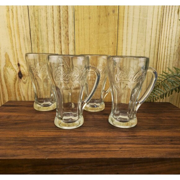 Set Of 4 Vintage Coca-Cola Glass 12 Oz Mugs 5" Tall Embossed Logo Clear Glass Re - Picture 1 of 6